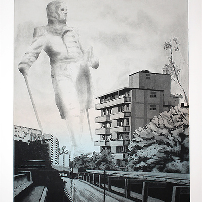 An illustration of a distant statue of a figure with a 19th C. military-style jacket, with a cane and bicorn hat, looming above an apartment building and an empty street. A narrow strip of blue runs across the paper below the image.