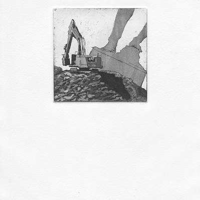 An excavator sits on top of a pile of rubble. Far in the distance, the feet of a massive, leaning statue are visible as silhouettes.