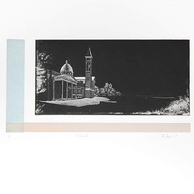 An illustration of a church with a dome and belltower on a black field. On the left side there is a blue bar, and underneath there is a pale orange bar.