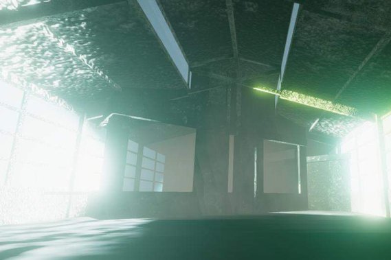 A computer-generated architectural space, in which several walls and windows seem to collide, illuminated by odd blue and green lights, and surrounded by mist.