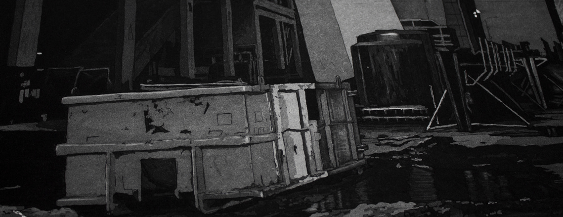 A black-and-white illustration of a construction dumpster, surrounded by debris and standing water. Behind the dumpster there is a multi-story set of concrete arches.