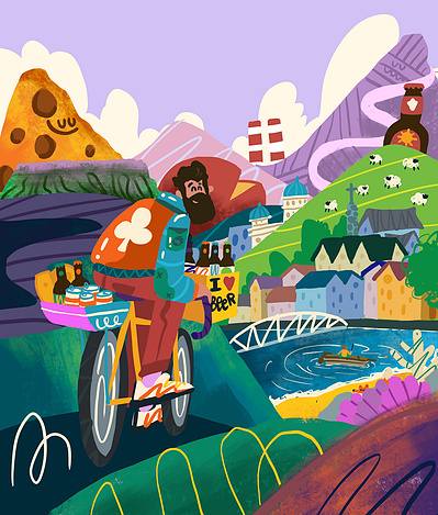Man on a bicycle looking at a landscape of Ireland highlighting cool places to get a beer and cheese. Cover for beer 52 magazine by Ashwin Chacko