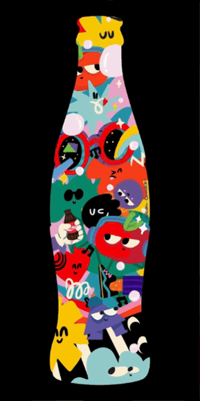 Coke bottle with animation inside containing playful characters illustrated by Ashwin Chacko for Coca-Cola