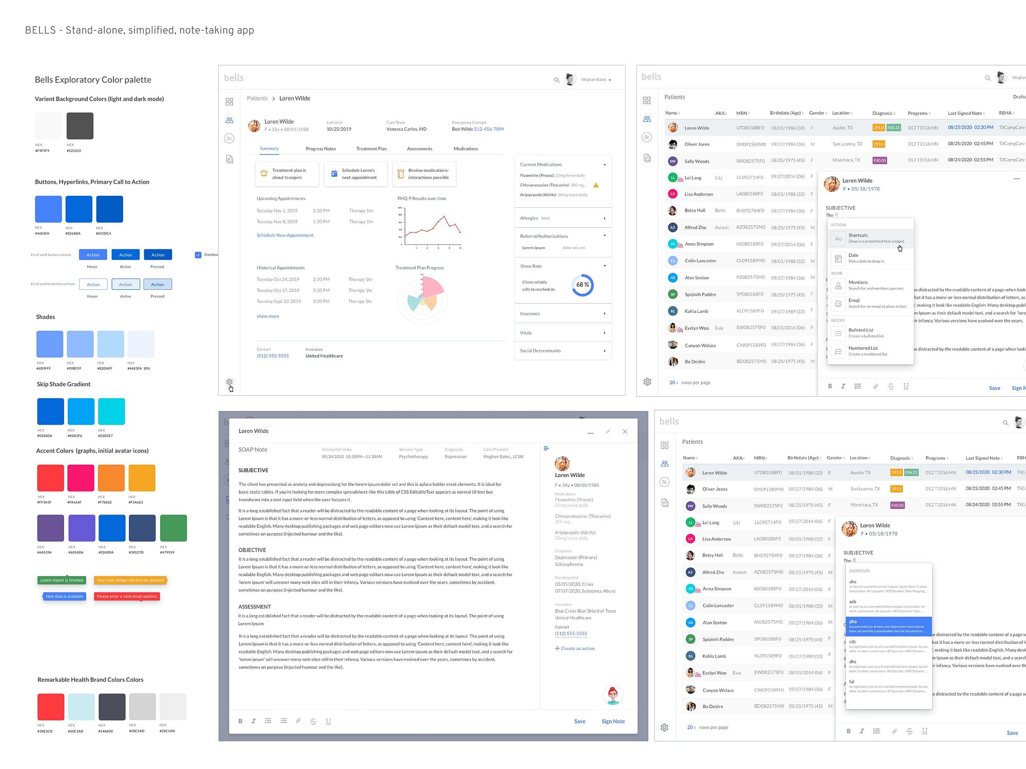 App color palette and example screens