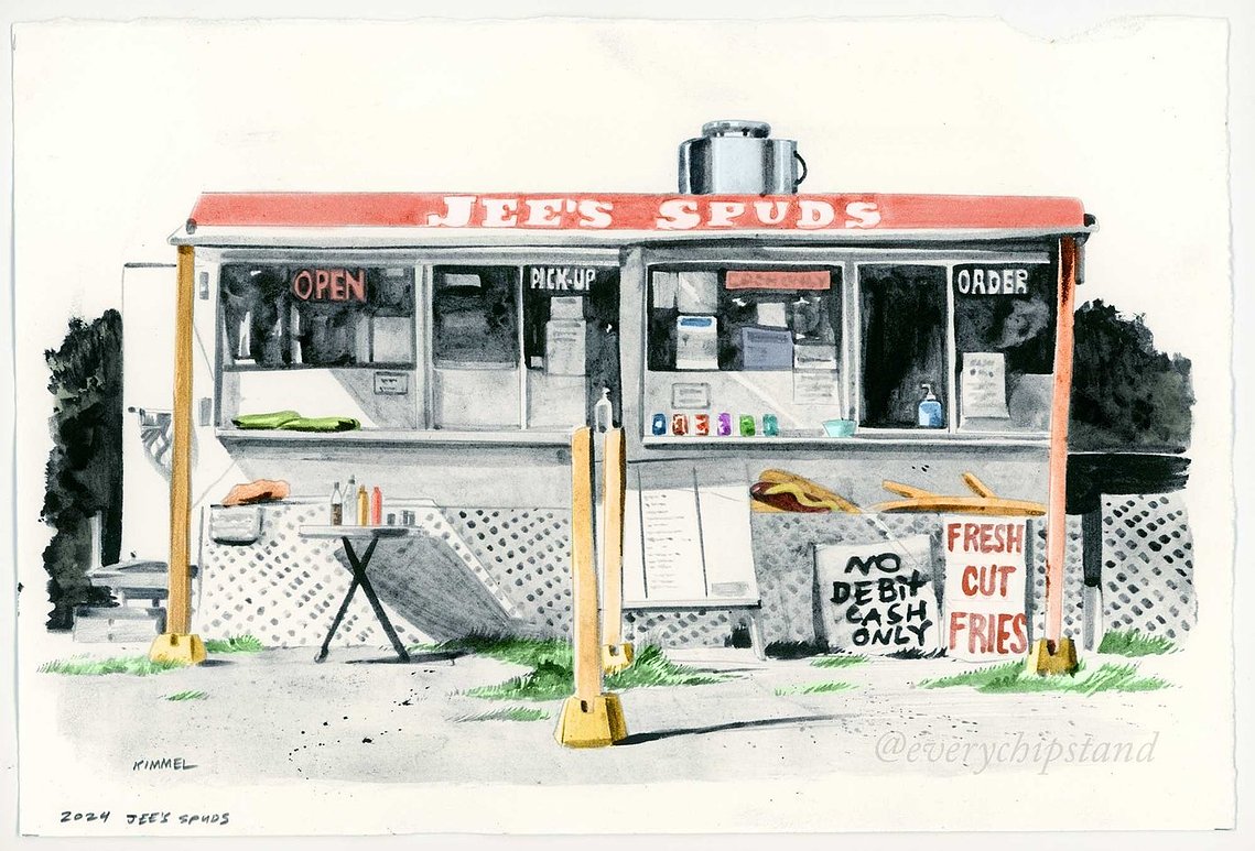 Jee's Spuds, Brockville, Ontario, chip stand
canadian food
casse croute
every chip stand
canada landscape
poutine canada
patate frites
fresh cut fries
made in canada
woody's pit stop
chip truck
foodie love
canada art print