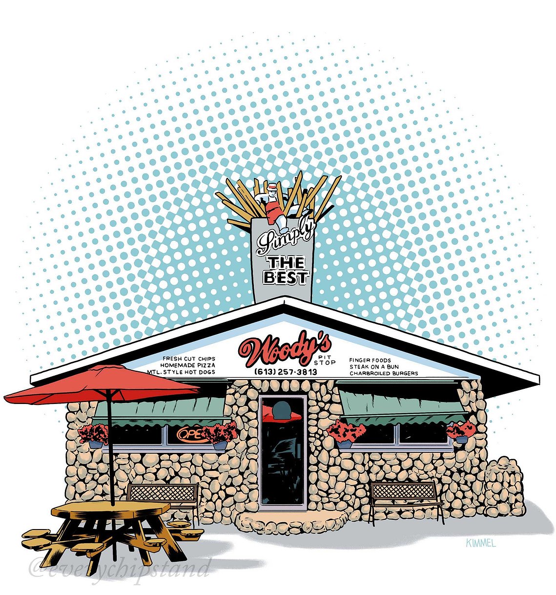 Woody's Pit Stop on Hwy 7 in Carleton Place, Innisville, Ontario - Chip Stand, chip truck, chip wagon, french fries, poutine, frites, casse-croute, illustration by Joel Kimmel for Every Chip Stand.