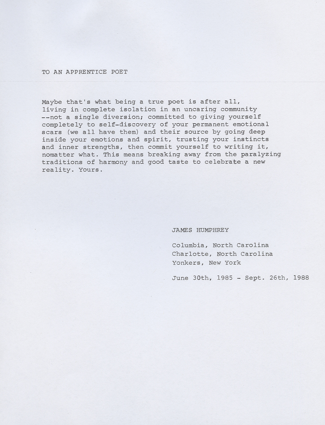 james humphrey, poet, poetry, poem
