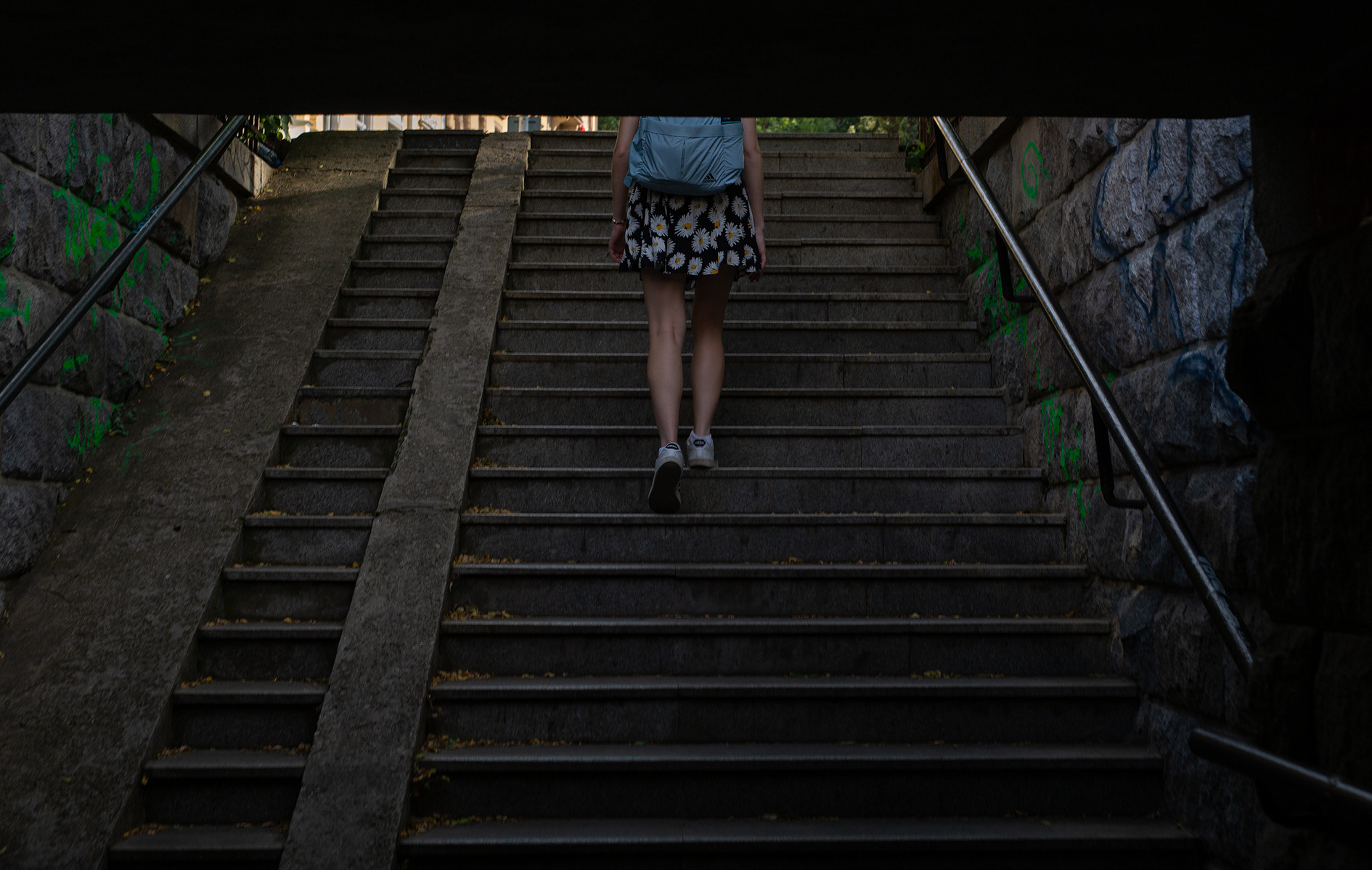 Rachel Hitchcock climbs out of a tunnel in Prague, Czech Republic on July 6, 2019.
