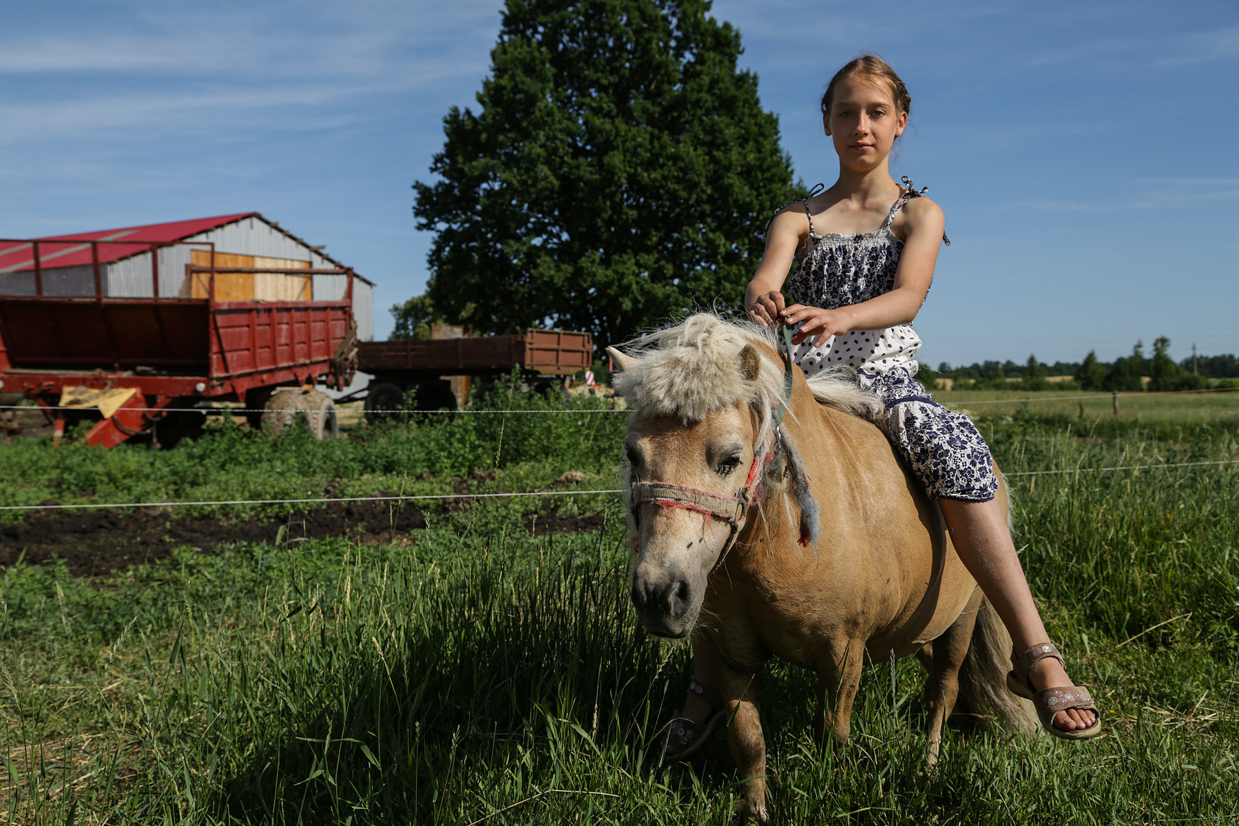 PP - Lina Tutlyte's granddaughter visits her dairy farm over the summer to ride a pony in Veiveriai, Lithuania on June 24, 2019.