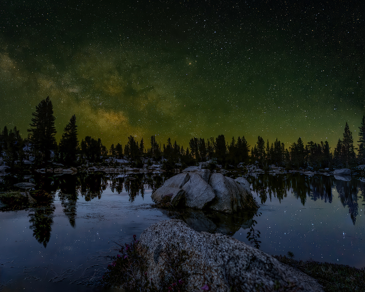 The Milky Way rises over Grouse Lake in King's Canyon National Park