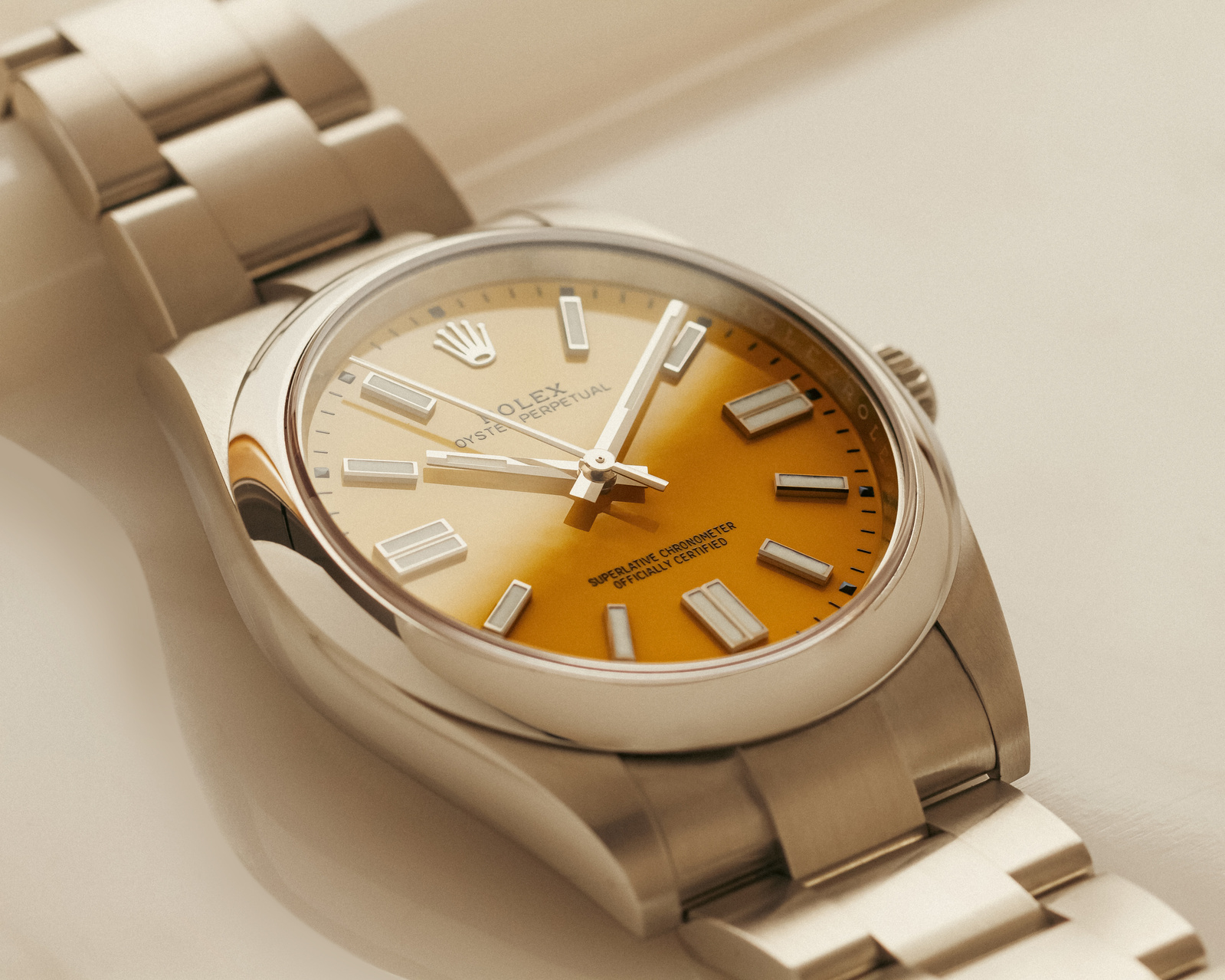 Lifestyle Watch Photography of Rolex Oyster Perpetual watch with yellow dial