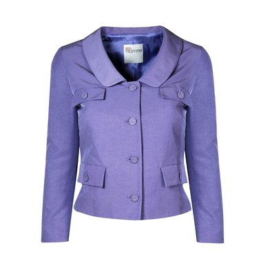 purple office suit jacket on ghost invisible mannequin on white background 