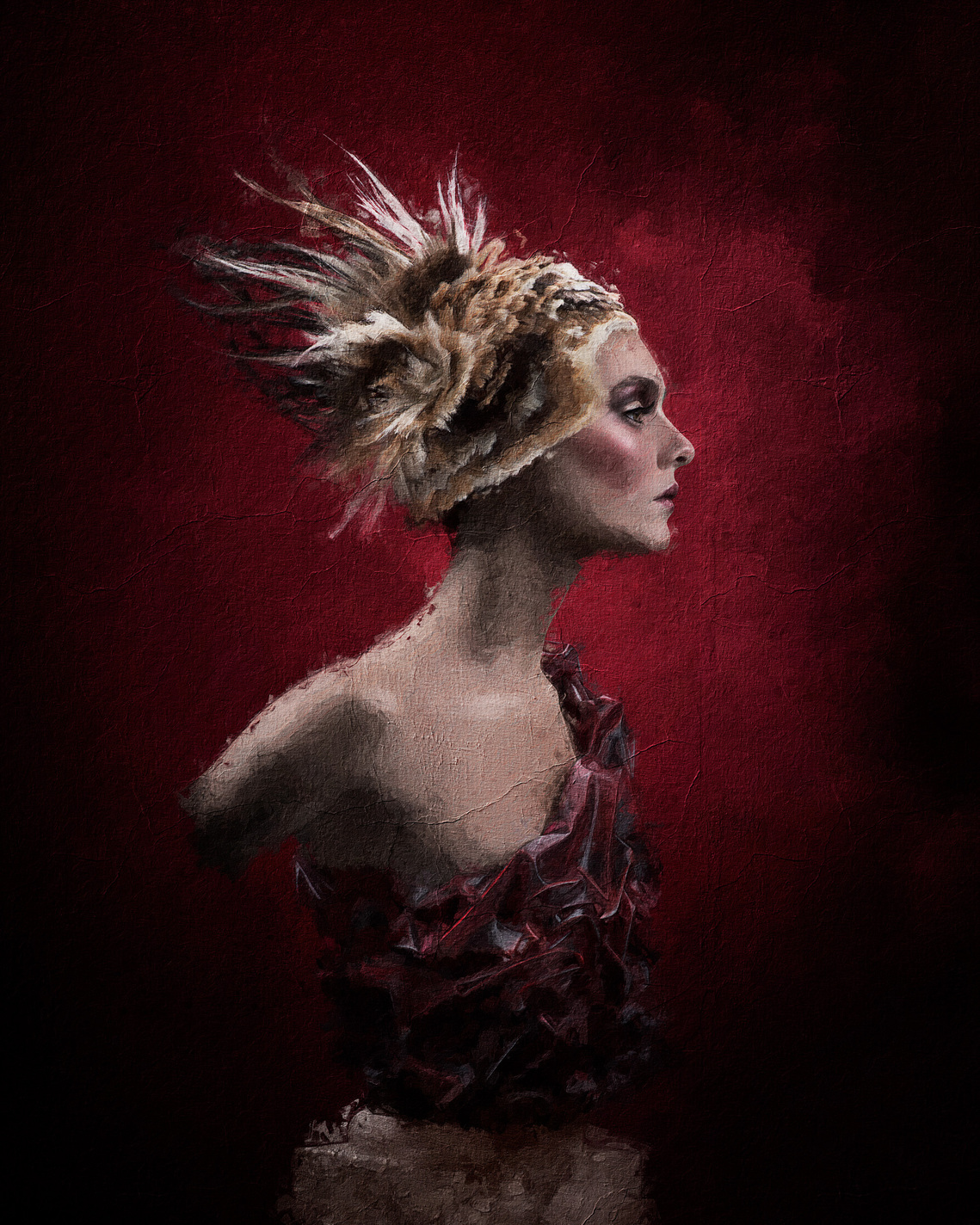 A modern interpretation of Spartacus with edgy fashion and striking hairstyle in an artistic photo studio