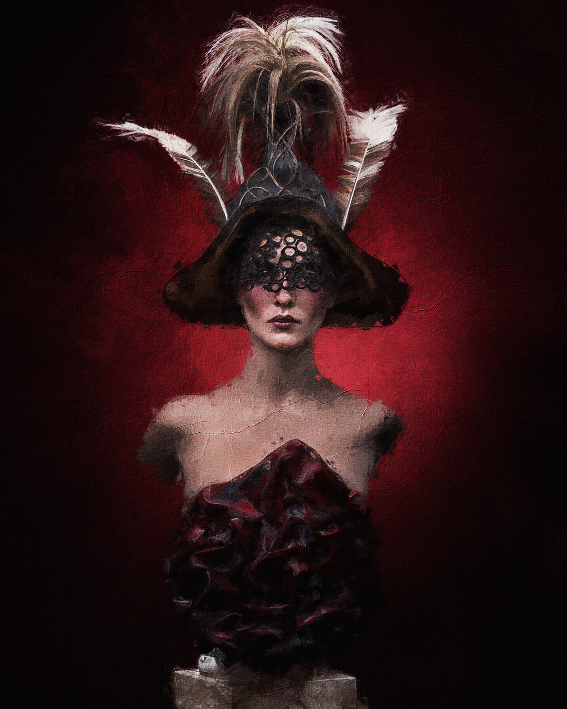 Artistic photo shoot blending Spartan warrior aesthetics with avant-garde fashion and unique hair styling