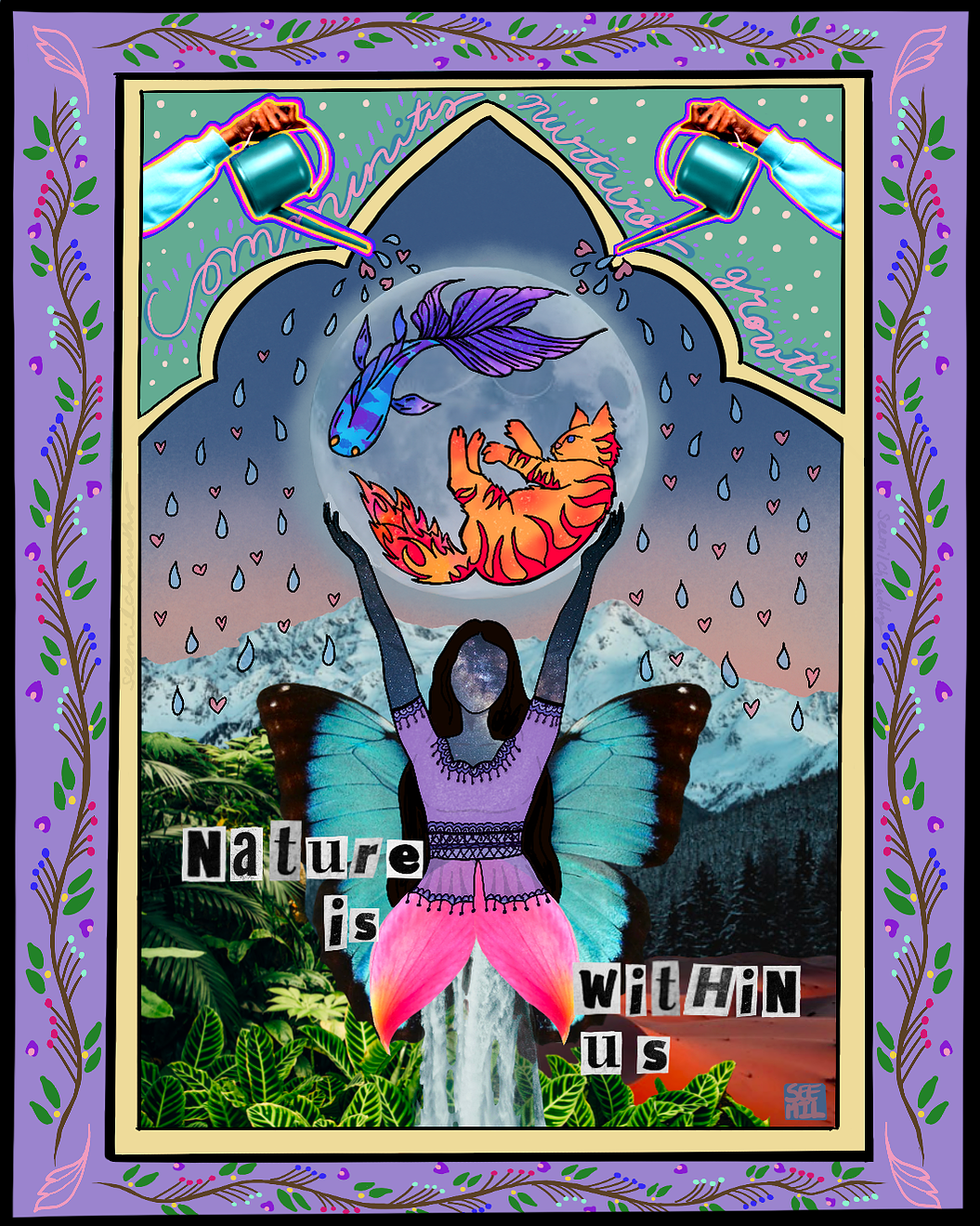 ethereal woman being holding moon in hands, fire cat and koi fish swimming in harmony, watering cans held by hand, mountains, Amazonian rainforest, jungle, nature, desert, sand, sunset, waterfall, butterfly wings, magazine cutout letters, floral design