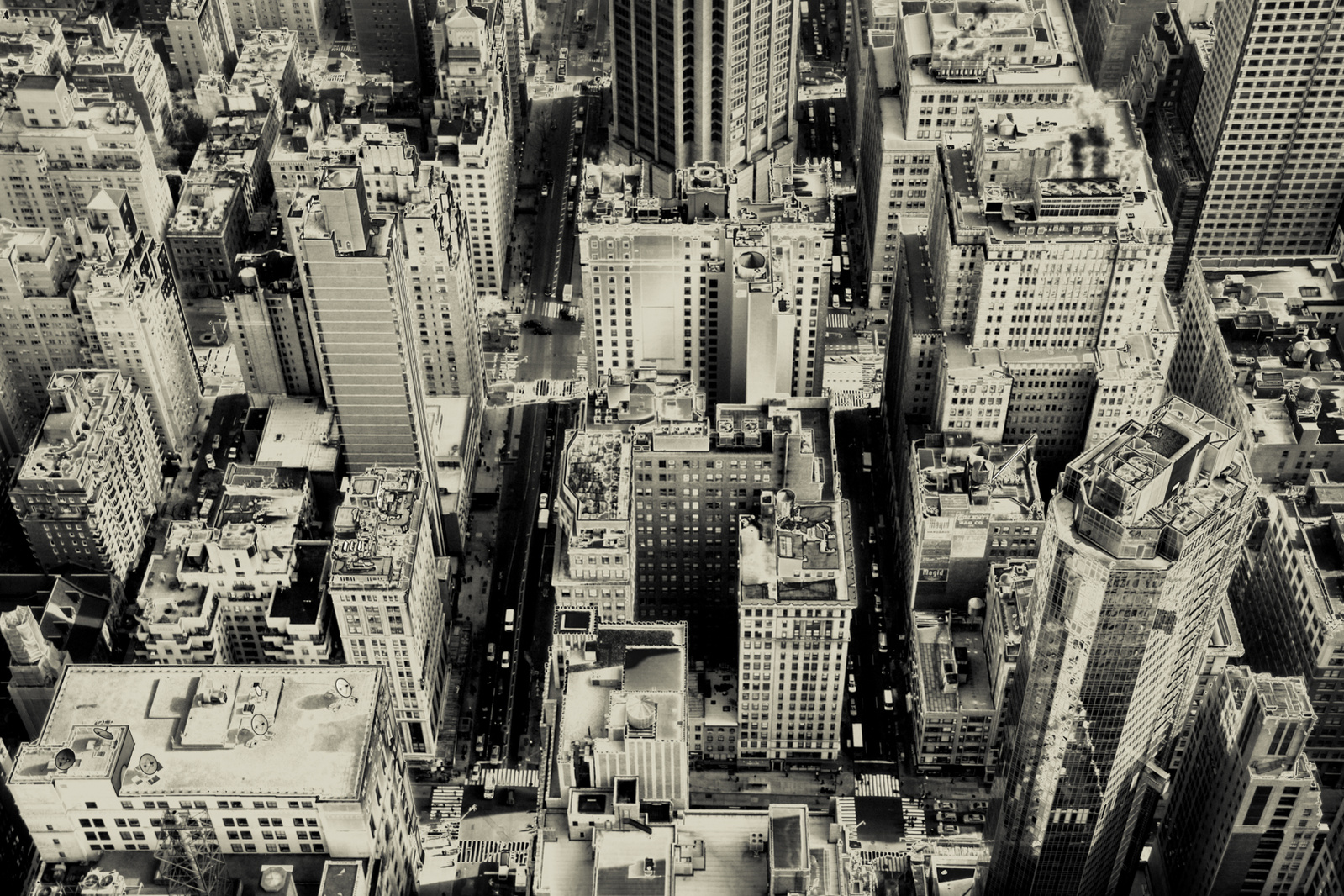 Birds eye perspective of Manhattan, NYC in monochrome tones