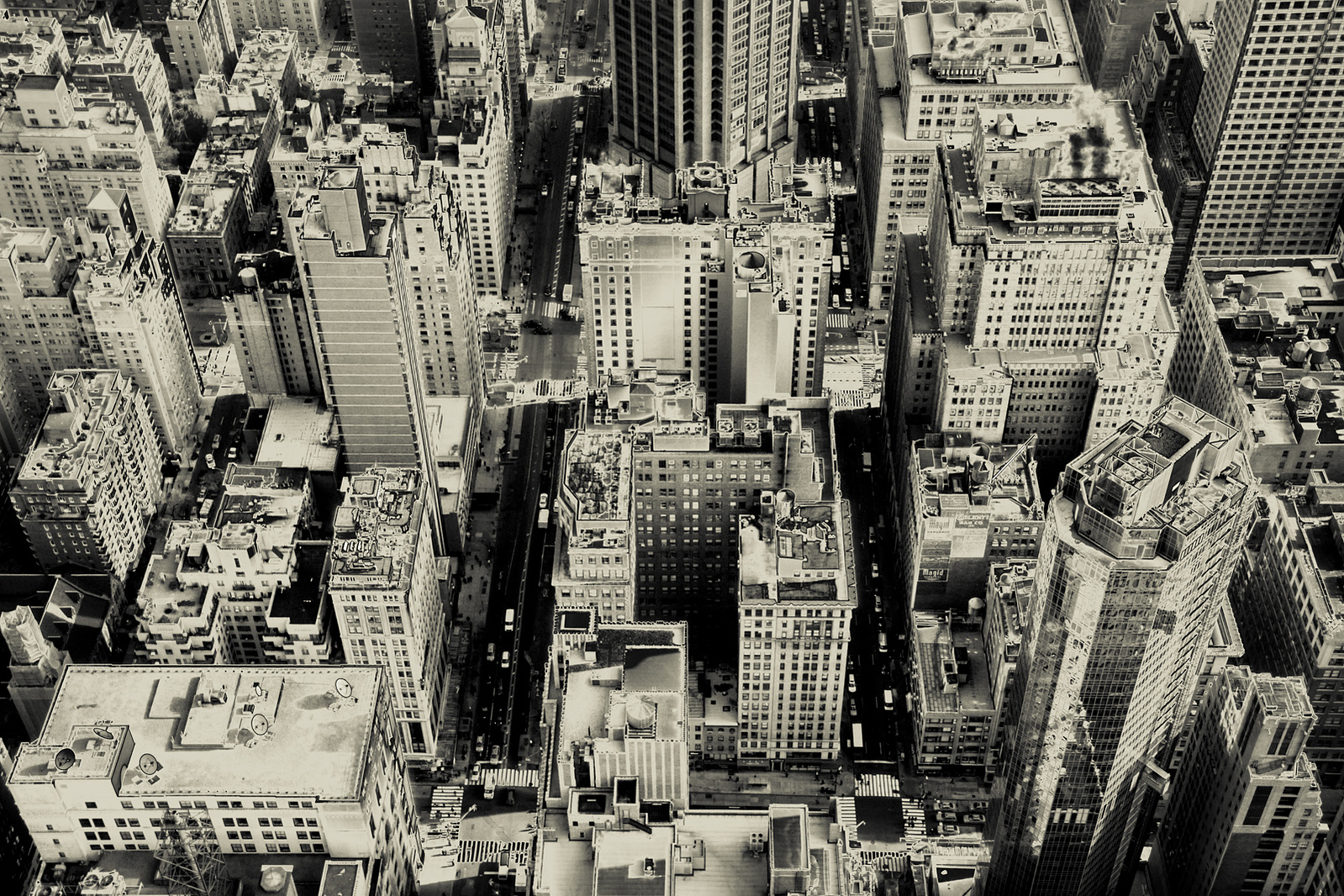 Birds eye perspective of Manhattan, NYC in monochrome tones