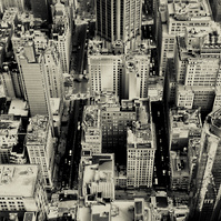 Birds eye perspective of Manhattan, NYC in monochrome tones
