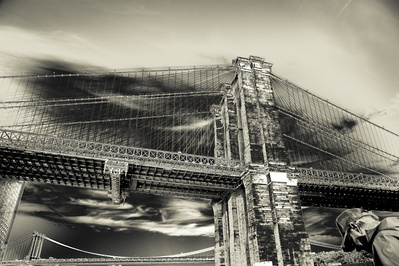 Brooklyn Bridge in NYC from frog perspective in monochrome tones