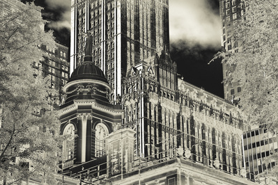 Surreal frog's perspective of City Hall in NYC in monochrome tones