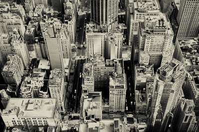 Birds eye perspective of Manhattan, NYC in monochrome tones