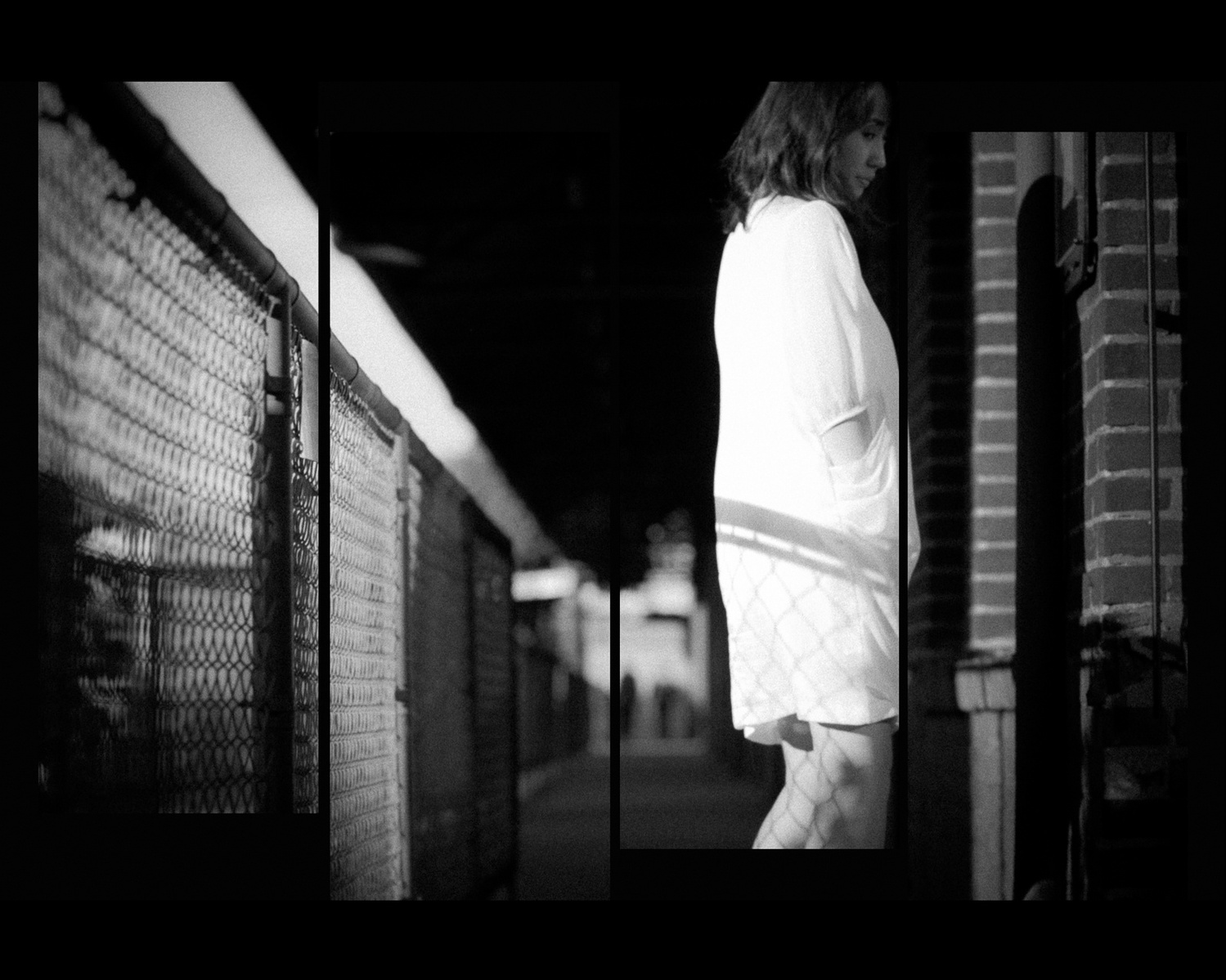 Staggered film strip of young asian woman in profile in industrial setting and strong light and shadow