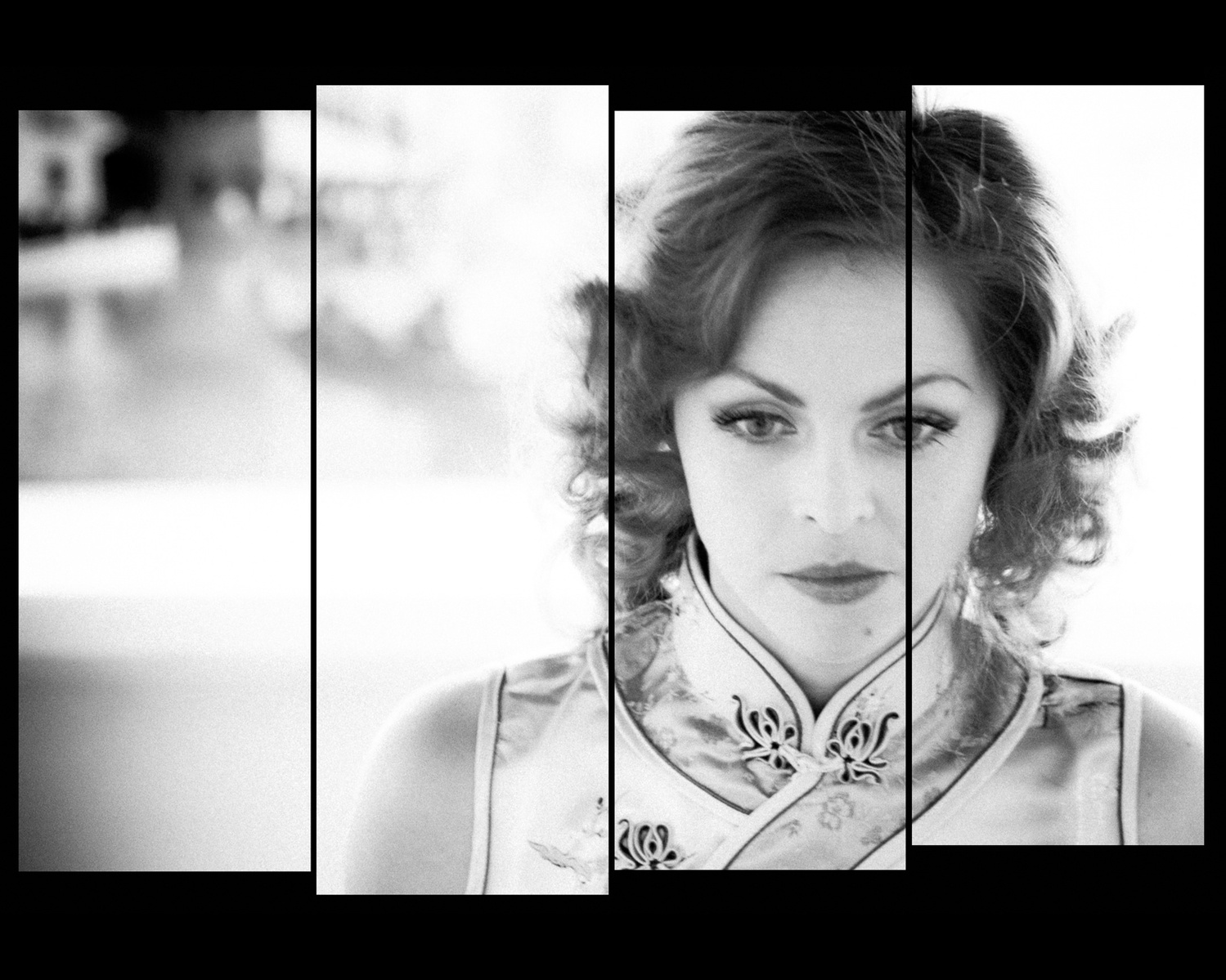 Staggered film strip of pale skinned young woman with vintage hairstyle gazing in thought