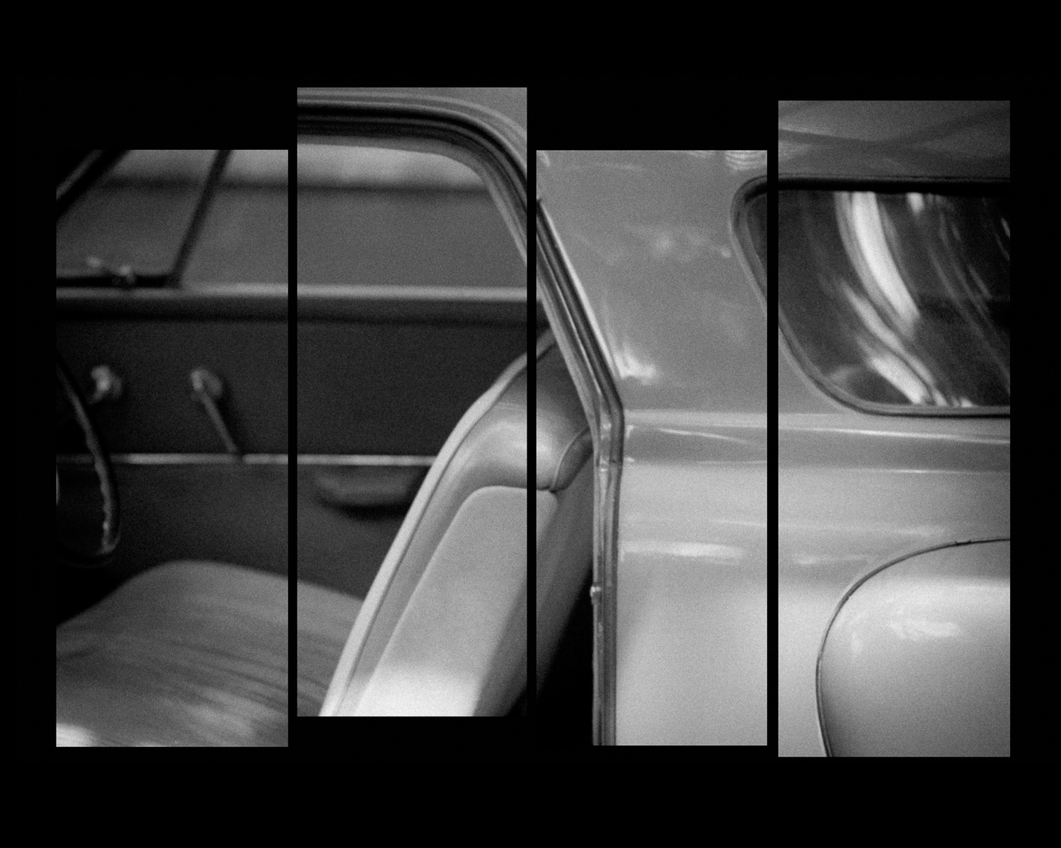 Staggered film strip of side profile of vintage car with open door