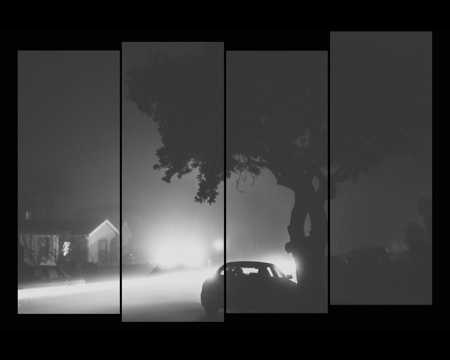 Staggered film strip of foggy street scene at night with car underneath a tree