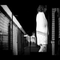 Staggered film strip of young asian woman in profile in industrial setting and strong light and shadow