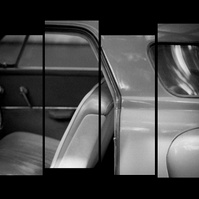 Staggered film strip of side profile of vintage car with open door