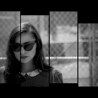 Staggered film strip of vintage looking woman with sunglasses, frontal, outdoors with wired fence behind her 