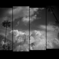 Double exposure film strip cityscape of Los Angeles sky with clouds and buildings