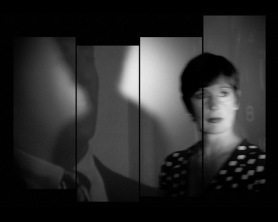 Staggered film strip of woman in her 50’s with short hair in dim light and shadows behind her