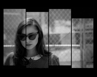 Staggered film strip of vintage looking woman with sunglasses, frontal, outdoors with wired fence behind her 