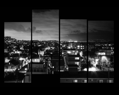 Staggered film strip of Los Angeles, Venice’ homes at night and seen from above