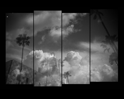Double exposure film strip cityscape of Los Angeles sky with clouds and buildings