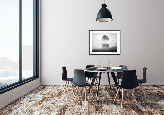 Dress up that gray wall  with a stunning piece of mother nature softened by mist and fog and a runner. 