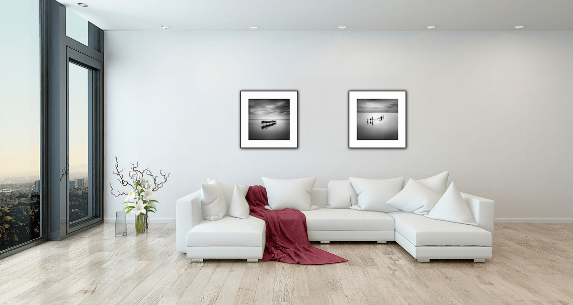 

A restful chic space requires restful elegant framed photographs. Make them square and large for more impact!