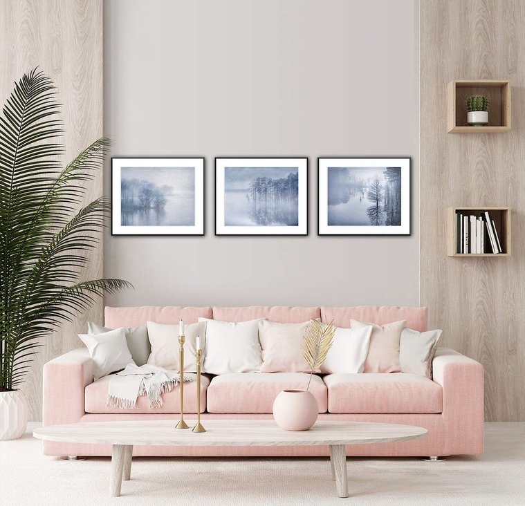 When you have soft colors, this trio from the Tranquil Mornings Collection with its subtly blue toned treescapes on a foggy lake is just what you need to complete the setting.