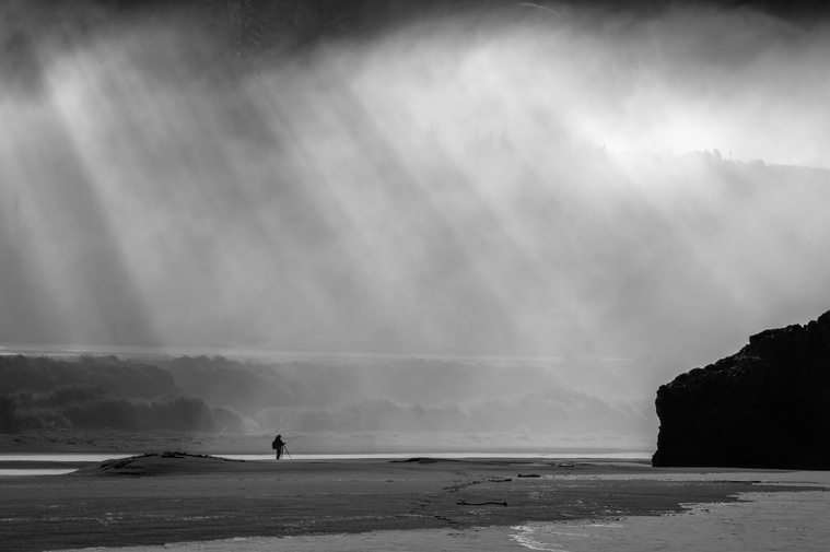 Oregon coast, sunrays, foggy landscape, mysterious, magical, spiritual, black and white photography, 