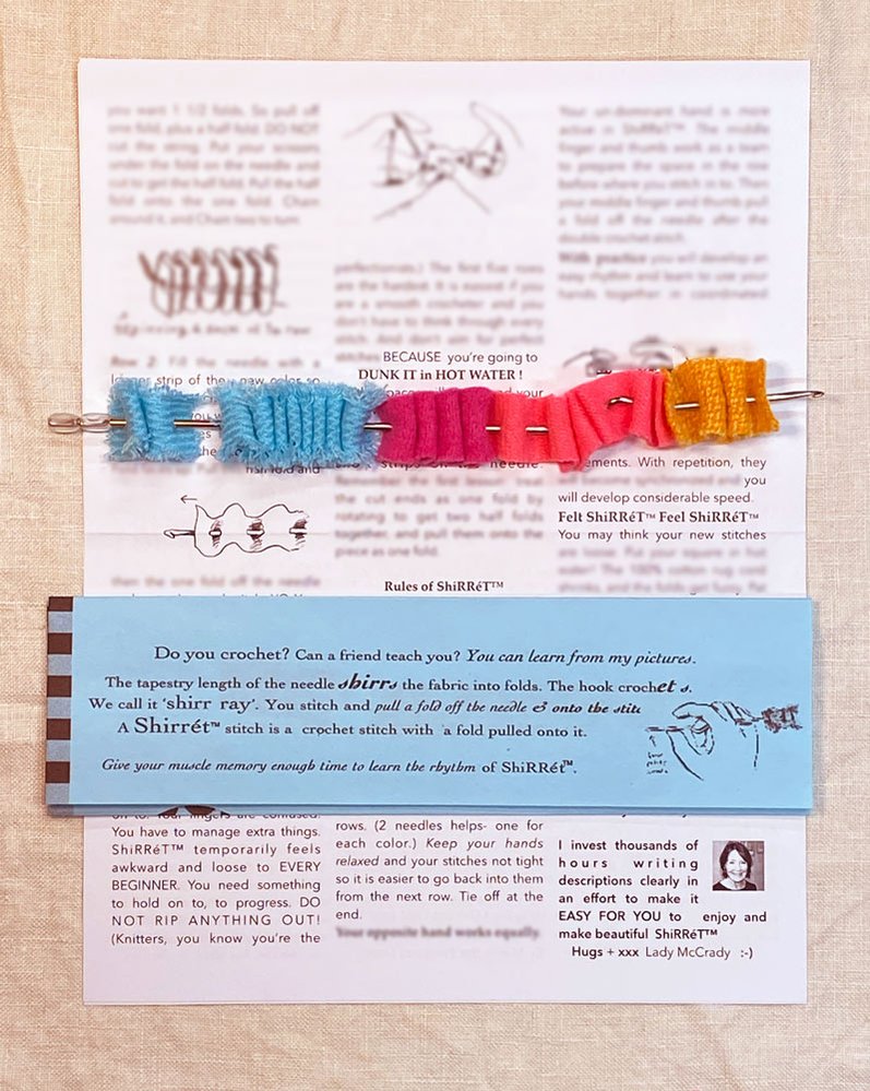 This is the Special crochet hook used to make Shirret rugs and home decor, new in crochet, from your old clothes and fabric scraps, with instructions and videos from shirret dot com.