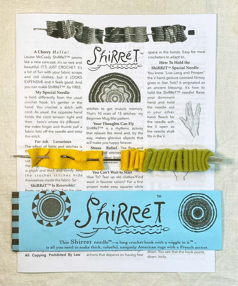 This is the Special crochet hook used to make Shirret rugs and home decor, new in crochet, from your old clothes and fabric scraps, with instructions from shirret dot com.