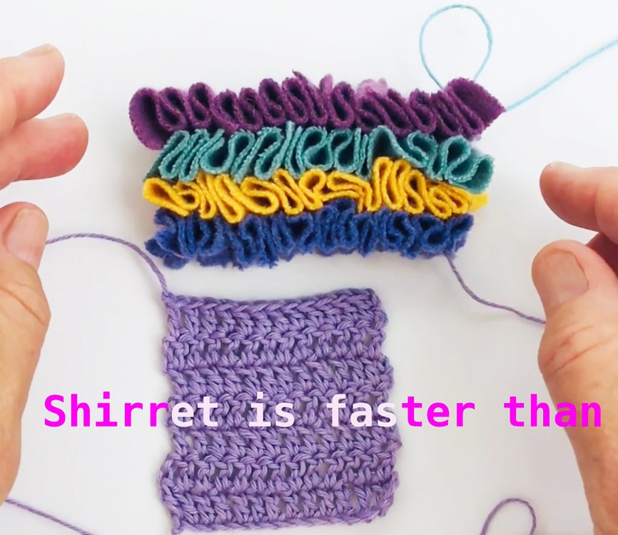 Easy three-minute crochet and shirret online video lessons on your computer, to make luxury from fabric scraps at america shirrets dot com.