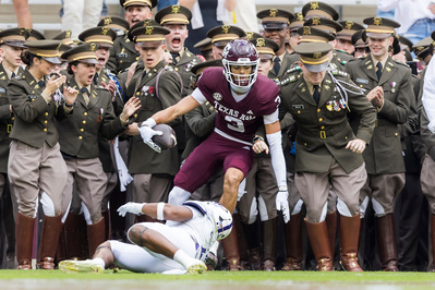 Sophomore WR Noah Thomas (3) falls into the end zone following a 13-yard pass during Texas A&M's game against ACU on Saturday, Nov. 18, 2023 at Kyle Field. (Ishika Samant/The Battalion)