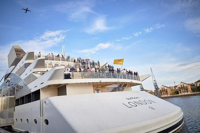 Party event photographer Josh Caius for Sunborn London Yacht Hotel corporate event, which is next door to ExCel Centre London. This is an overview shot of the Sunborn Yacht itself.