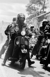 Photograph from Matthew Fleming's 'Mods' (2020) series. Taken at the Ribble Valley Mod Weekender (also known as the Clitheroe Scooter Festival/Rally), Clitheroe, Lancashire. Taken with Ilford HP5 35mm film. 