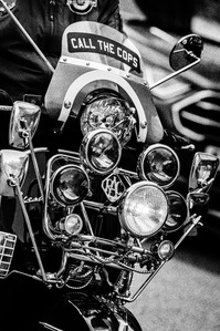 Photograph from Matthew Fleming's 'Mods' (2020) series. Taken at the Ribble Valley Mod Weekender (also known as the Clitheroe Scooter Festival/Rally), Clitheroe, Lancashire. Taken with Ilford HP5 35mm film. 