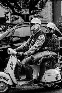 Photograph from Matthew Fleming's 'Mods' (2020) series. Taken at the Ribble Valley Mod Weekender (also known as the Clitheroe Scooter Festival/Rally), Clitheroe, Lancashire. Taken with Ilford HP5 35mm film. 