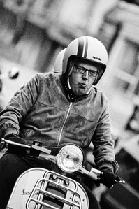 Photograph from Matthew Fleming's 'Mods' (2020) series. Taken at the Ribble Valley Mod Weekender (also known as the Clitheroe Scooter Festival/Rally), Clitheroe, Lancashire. Taken with Ilford HP5 35mm film. 